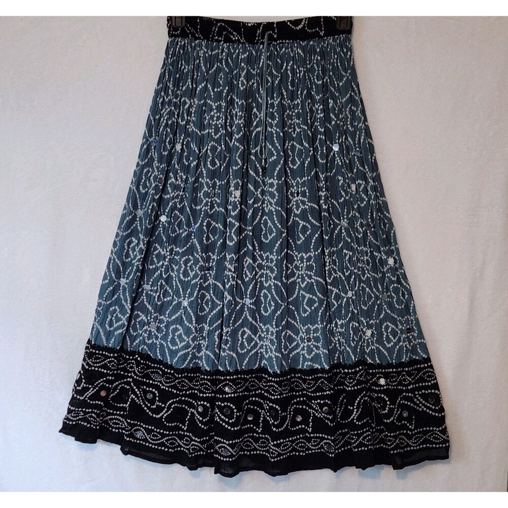 Y2K One Size Crinkle Maxi Skirt Teal Black Batik-Look Mirrors Boho Indian